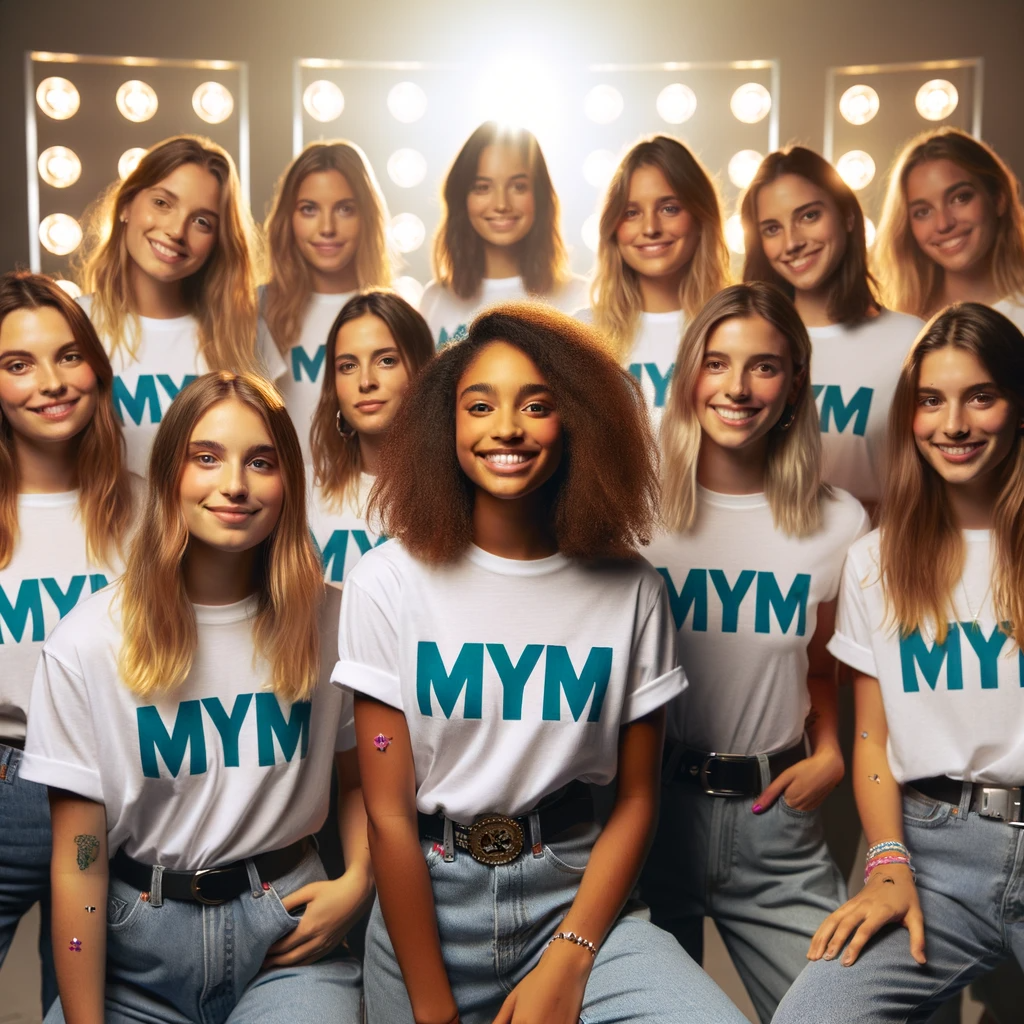 Photo of a diverse group of young women smiling, wearing t-shirts with the 'MYM' logo. They are in a brightly lit studio with spotlights.