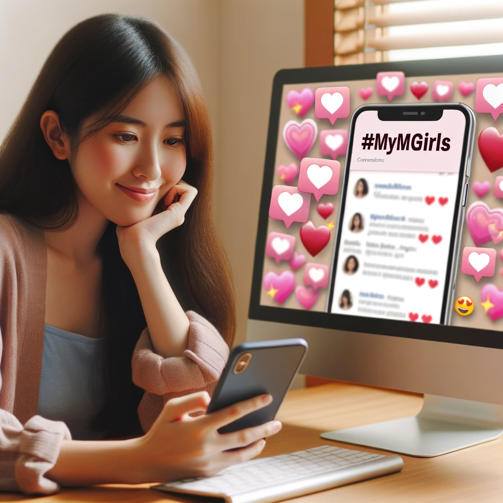 Photo of an Asian-origin woman browsing on a laptop with a screen displaying the hashtag '#mymgirls' surrounded by positive comments