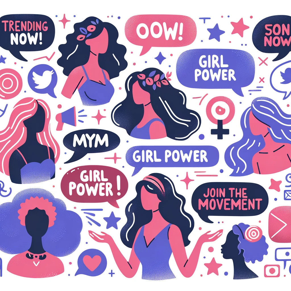 Illustration of various female silhouettes with speech bubbles containing phrases such as 'trending now', 'MYM Girl Power', and 'join the movement